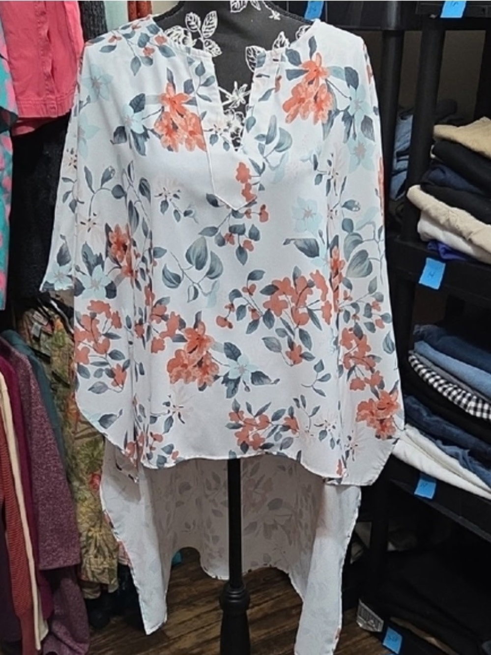 Source Unknown White Tunic with Coral & Sage Floral Print